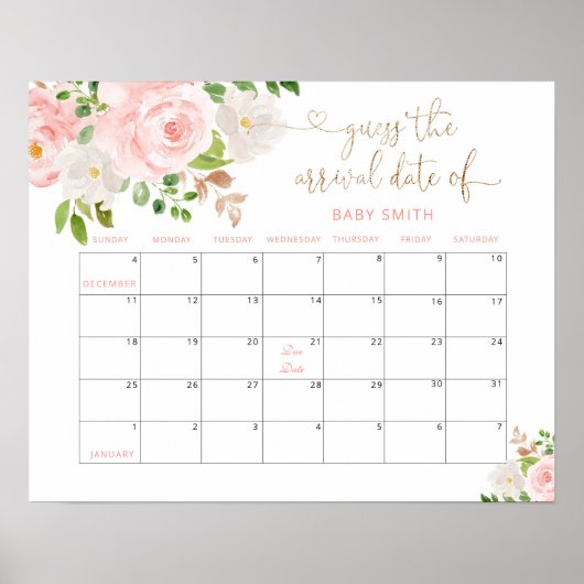 Poster Floral blush rose Devinez le calendrier de date d' (Devant)