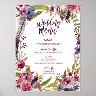 Poster Floral Boho Watercolor Mariage Menu Sign