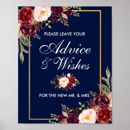 Poster Floral Bourgogne Bleu Or Mariage Conseils (Devant)