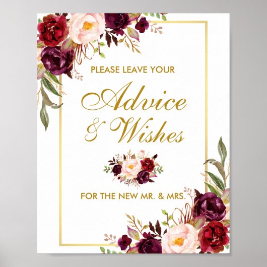 Poster Floral Bourgogne Gold Mariage Conseils et souhaits (Devant)