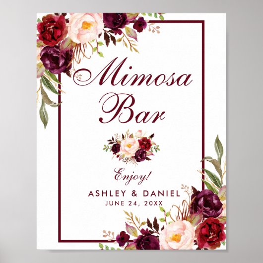 Poster Floral Bourgogne Mariage Mimosa Bar (Devant)