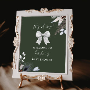 Poster Floral Bow Winter Green Girl Baby shower Bienvenue