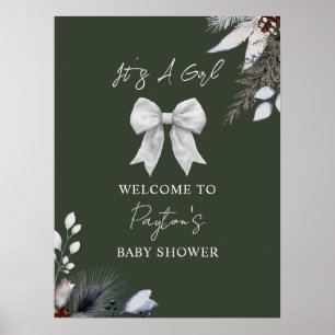 Poster Floral Bow Winter Green Girl Baby shower Bienvenue
