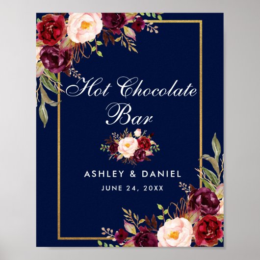 Poster Floral Burgundy Blue Mariage Hot Chocolat Bar (Devant)