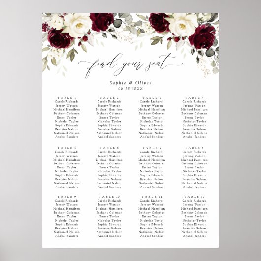 Poster Floral Burgundy White Gold Mariage Carte de siège (Devant)