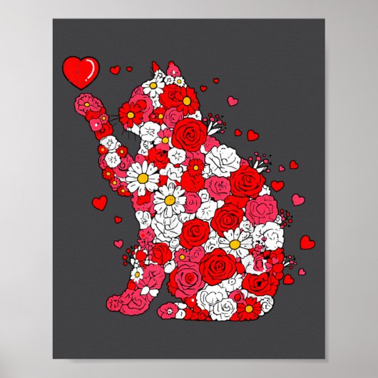 Poster Floral Cat Heart Valentines Day Meow Kitty Kitten  (Devant)