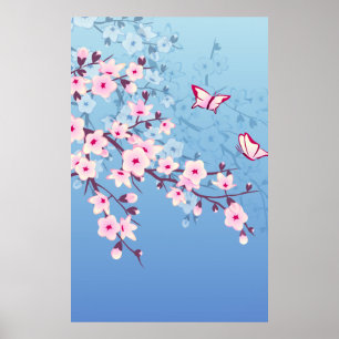 Poster Floral Cherry Blossoms Pink Blue