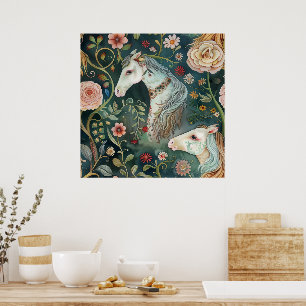 Poster Floral Chevaux peints