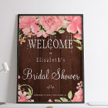 Poster Floral chic lumières signe de bienvenue<br><div class="desc">Affiche de douche nuptiale chic et classe avec des pivoines roses rousses rustiques et des lumières scintillantes scintillantes sur arrière - plan de bois brun de grange. Idéal pour votre été | jardin |automne | pays rustique douches à thème nuptiale.</div>