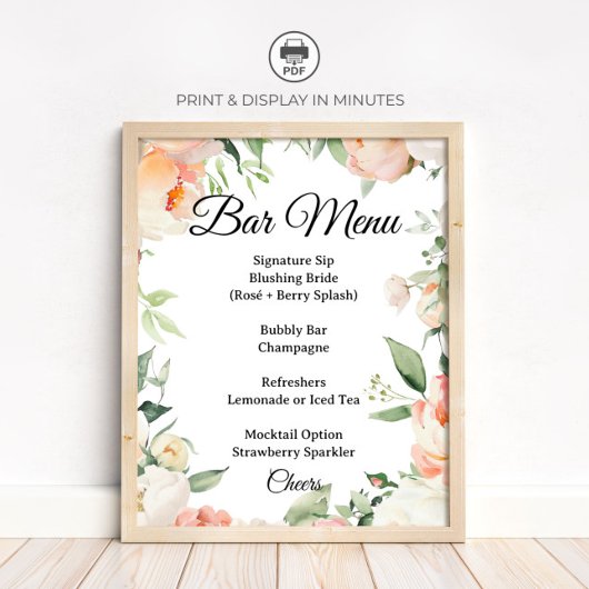 Poster Floral Cocktail Bar Menu Bridal Shower Sign