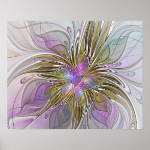 Poster Floral Coloré Abstrait Fractal Avec Rose & Or