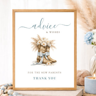 Poster Floral Cowboy Boots & Bows Boy Baby Shower Advice