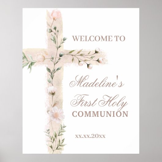 Poster floral cross First Communion welcome sign (Devant)