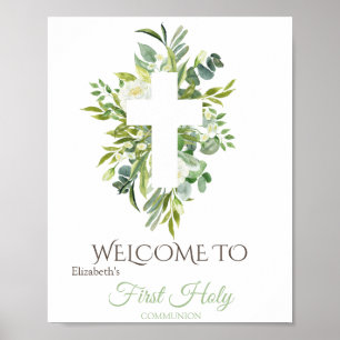 Poster Floral Cross Leaves First Holy Communion