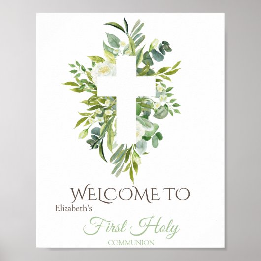 Poster Floral Cross Leaves First Holy Communion   (Devant)