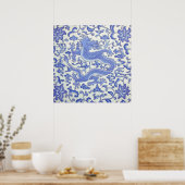 Poster Floral de dragon oriental chinois bleu et blanc (Cuisine)