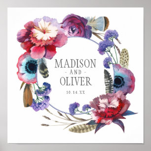 Poster Floral de pivoine fleur sauvage avec plumes   MARI