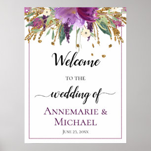 Poster Floral D'Or Violet 18x24 Bienvenue Au Mariage