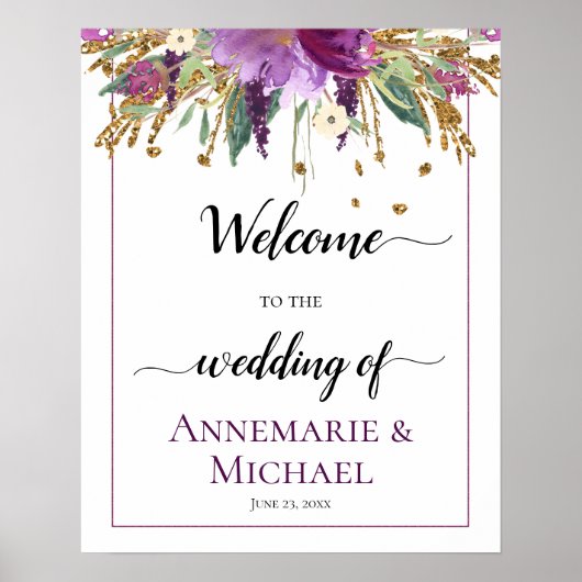 Poster Floral D'Or Violet Bienvenue Au Mariage De Signe (Devant)