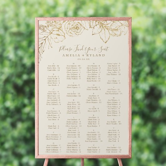 Poster Floral doré | Carte de siège alphabétique de crème