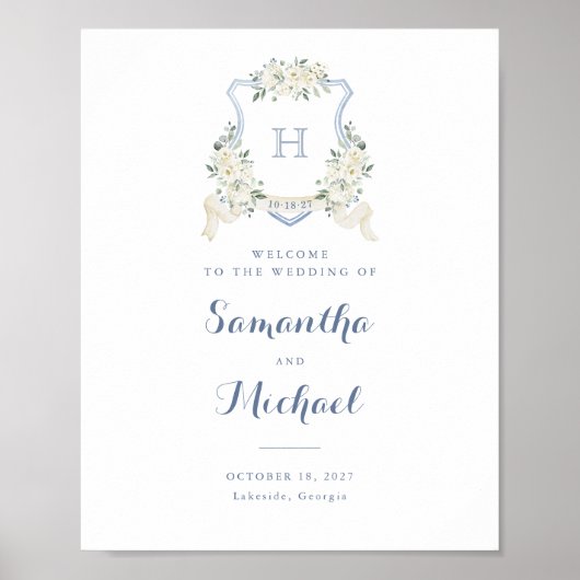 Poster Floral Elegant Dusty Blue Crest Welcome Sign (Devant)