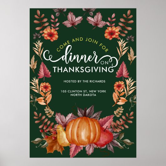Poster Floral Emerald Green Thanksgiving Dîner (Devant)