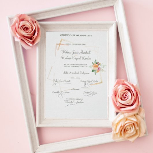Poster Floral en Peach Mariage Souvenir Certifié