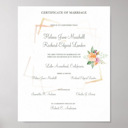 Poster Floral en Peach Mariage Souvenir Certifié (Devant)
