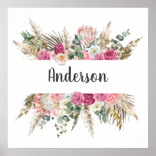 Poster Floral, Fleurs Monogramme Nom Mariage Don (Devant)