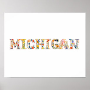 Poster Floral Font State Art Print (Michigan)