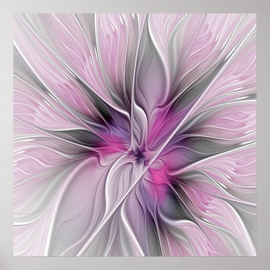 Poster Floral Fractal moderne Fleur Abstraite rose gris (Devant)