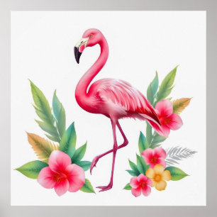Poster Floral Hawaïen Flamant Rose Aquarelle Tropicale