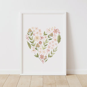 Poster Floral Heart Pink Neutral Girl Nursery Decor