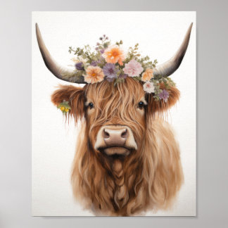 Poster Floral Highland Cow