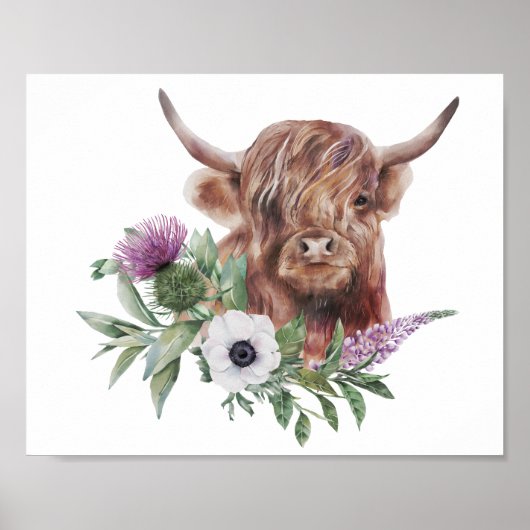 Poster Floral Highland Cow aquarelle découpage Imprimer (Devant)