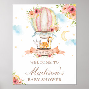 Poster Floral Hot Air Balloon Baby shower Animaux Bienven