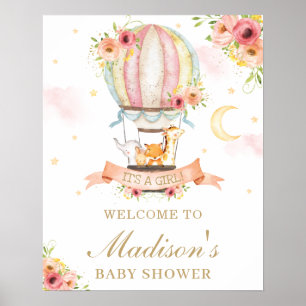 Poster Floral Hot Air Balloon Baby shower Animaux Bienven