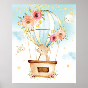 Poster Floral Hot Air Balloon mignonne Ours Aventure Atte