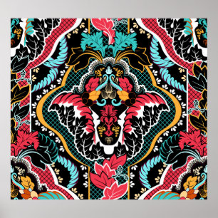 Poster Floral Indien : Papier peint Vintage sans couleur.