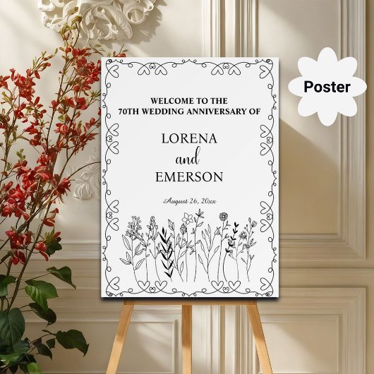 Poster Floral Line Art 70e anniversaire Mariage Bienvenue