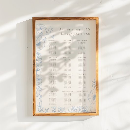 Poster Floral Line Art Français Blue Mariage Carte de siè