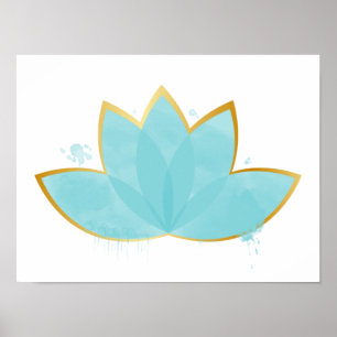 Poster Floral Lotus Aquarelle Mer Bleu & Faux Or