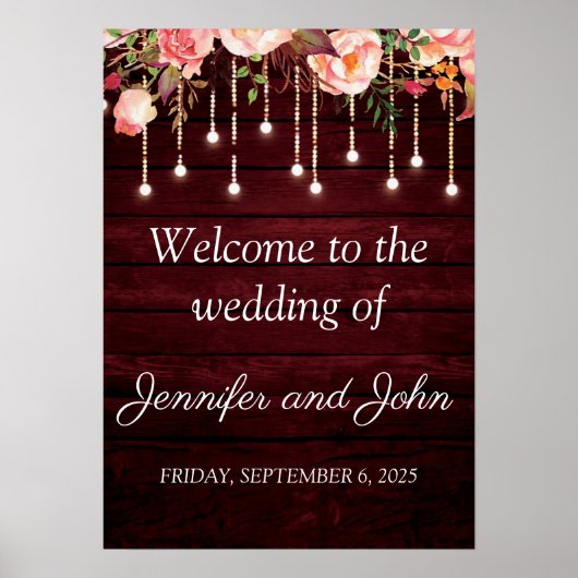 Poster Floral Maroon Bois Rustique Mariage Bienvenue (Devant)