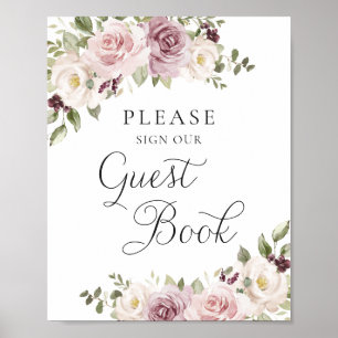 Poster Floral Mauve Blush Élégant Mariage Livre d'invités