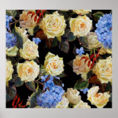 Poster Floral motif moderne, roses blanches, hydrangée bl (Devant)