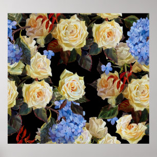 Poster Floral motif moderne, roses blanches, hydrangée bl