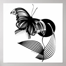 Poster Floral noir et blanc avec papillon