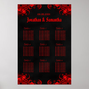 Poster Floral Noir & Rouge 9 Tables Mariages Cartes de si