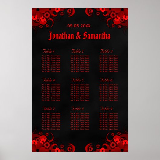Poster Floral Noir & Rouge 9 Tables Mariages Cartes de si (Devant)