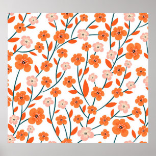 Poster Floral Orange Pastel Blanc sans couture